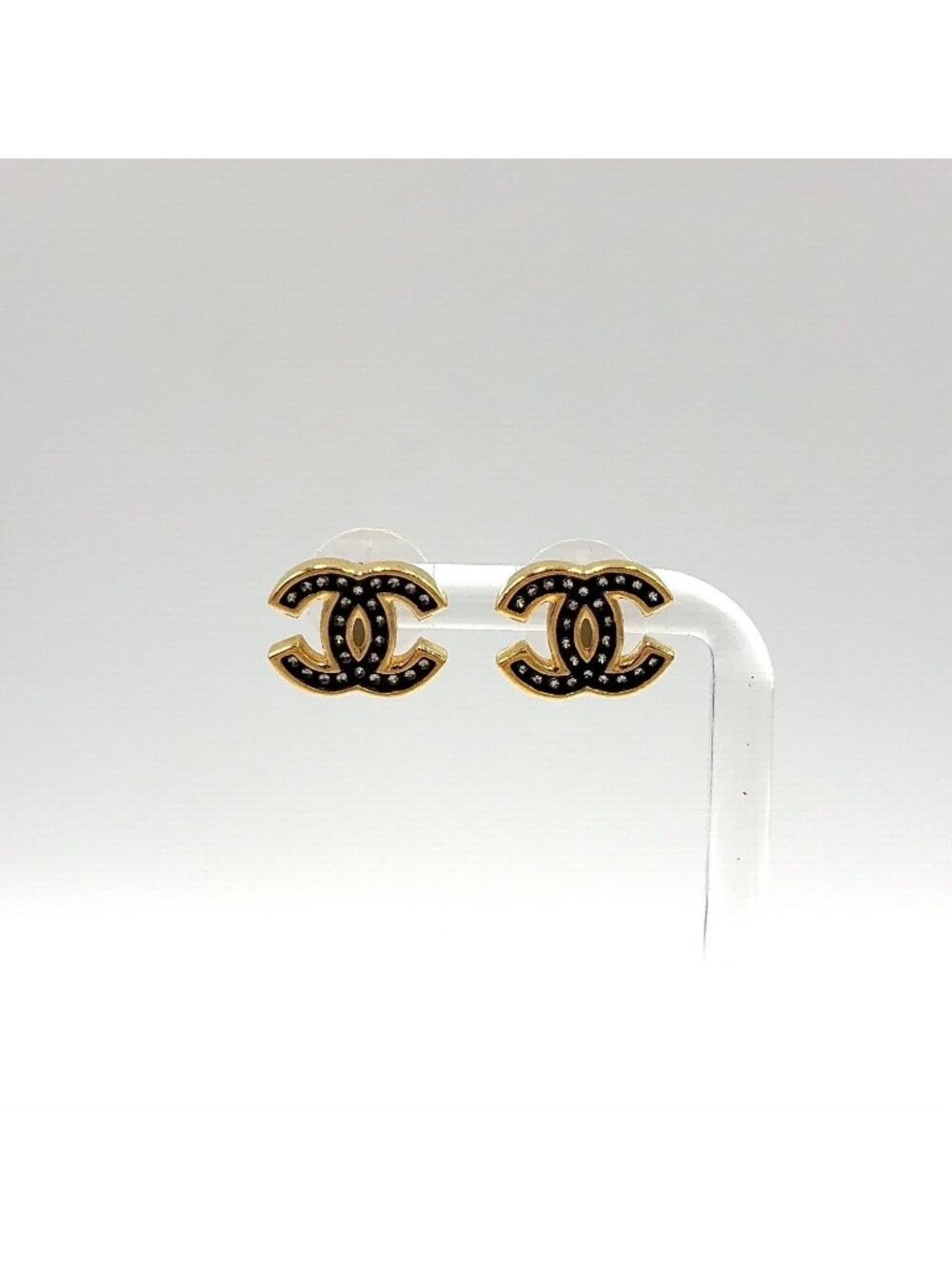 Chanel CC Logo Rhinestone Enamel Clear Gold Black Earrings